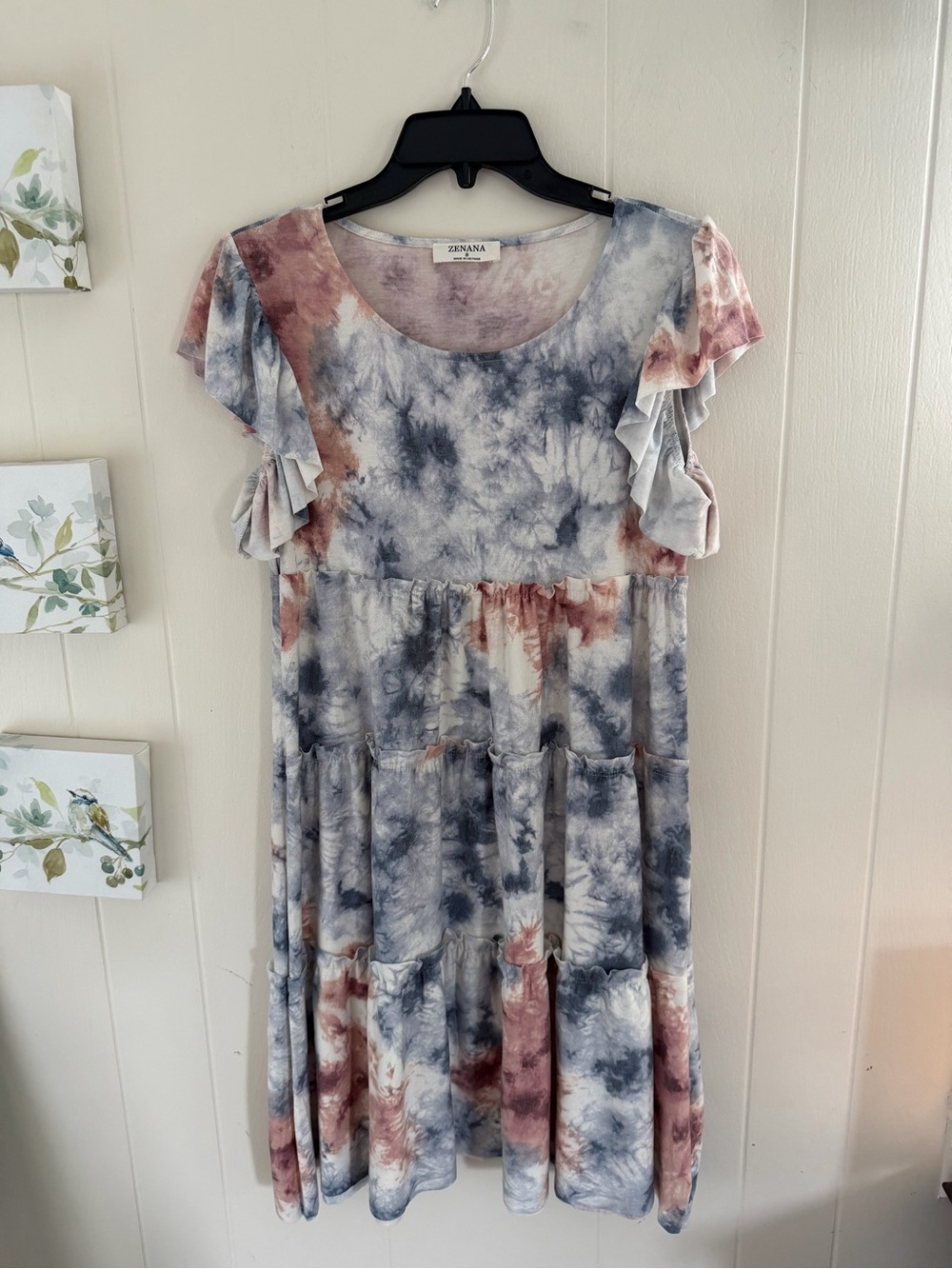 NWOT Small Zenana Blue and Rust Tie-Dye Tiered Midi Dress with Flutter Sleeves